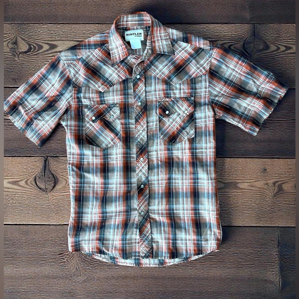 Rustler Pearl snap western Men's Casual Plaid Shirt short sleeves